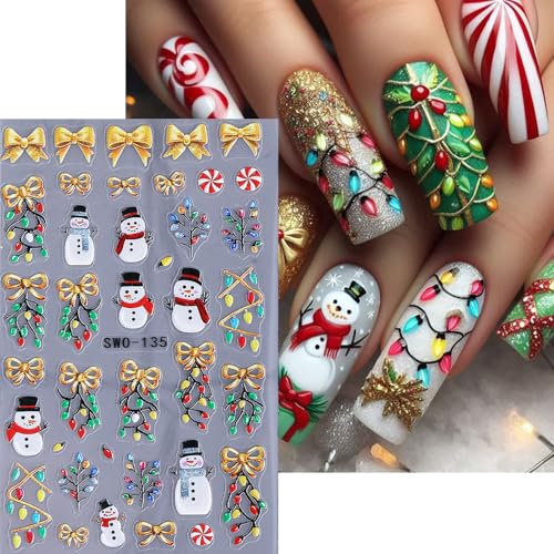 5D Embossed Christmas Nail Stickers Snowflake Bow Decals 3PCS