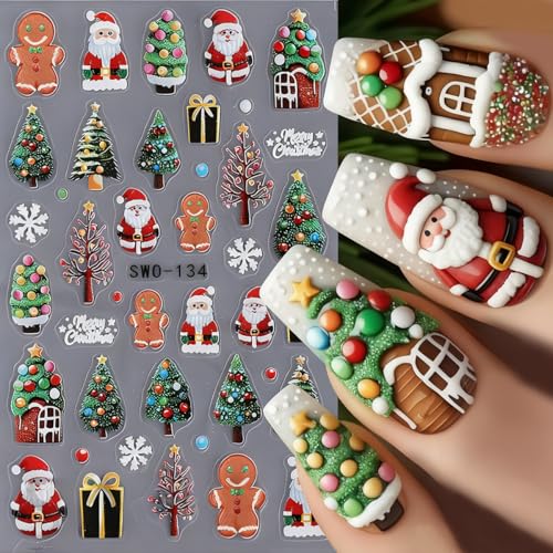 Christmas 3D Embossed Nail Art Stickers Winter Holiday Decals - 3Pcs