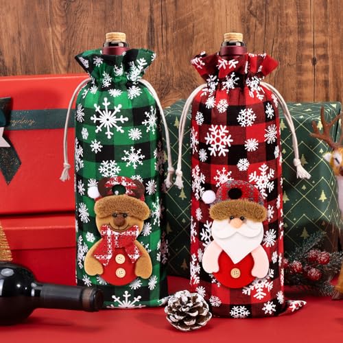 Christmas Wine Gift Bags - Buffalo Plaid Red & Green with 3D Dolls, 8 Pack