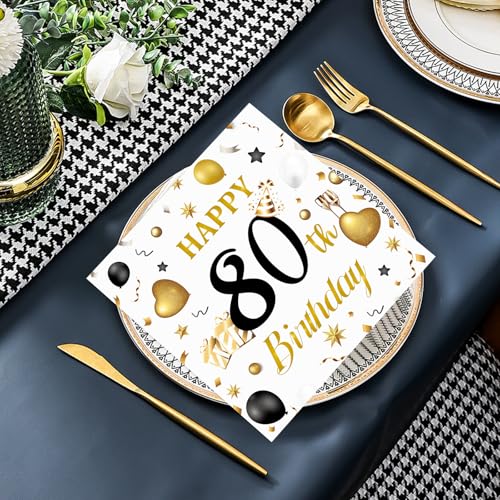50-Pack 80th Birthday Paper Napkins - White & Gold Elegant Design