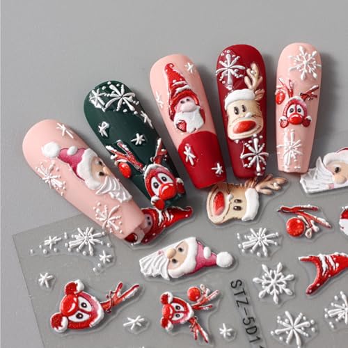 TailaiMei Christmas Nail Decals Stickers - 3 Sheets Self-Adhesive Holiday Nail Art Decorations with Santa and Snowflakes