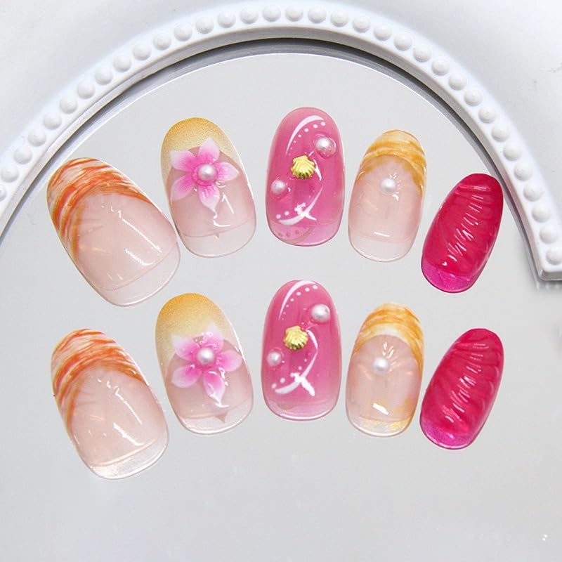 Short Almond French Tip Press on Nails with Pearl 3D Flower Design