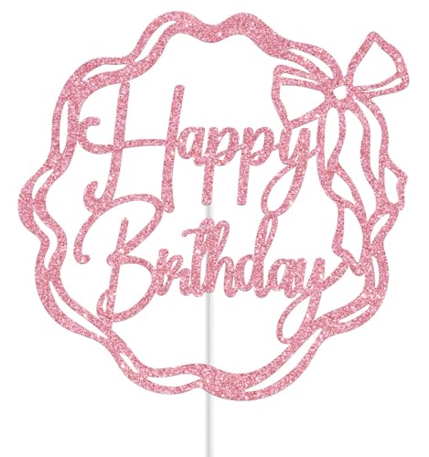 Pink Bow Happy Birthday Cake Topper - Glittery Decoration