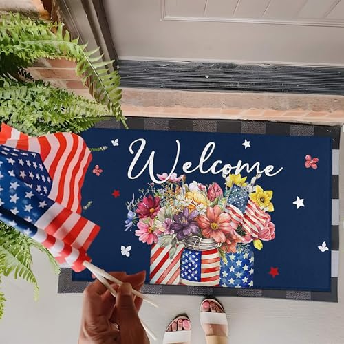 Patriotic Floral Welcome Door Mat 17"x30", American Flag Glass Bottle