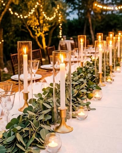 Set of 12 Gold Hurricane Candle Holders Windproof Glass Chimneys Table Centerpiece