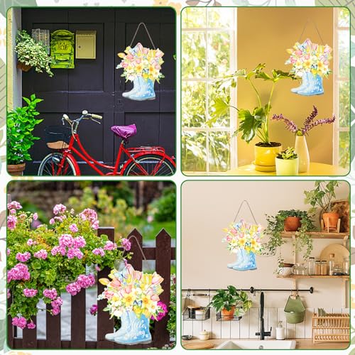 Hello Spring Wooden Door Sign with Colorful Flower Boots