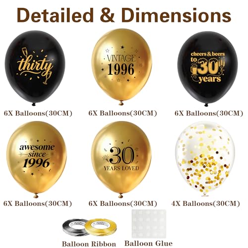30th Birthday Balloons Set - 34Pcs Black and Gold Latex