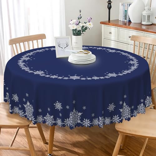 Christmas Round Tablecloth 60 Inch Navy Blue & White Snowflakes Waterproof Fabric