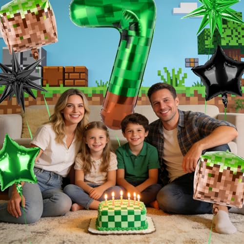 40 Inch Green Pixel Number 7 Balloon Set - 7 Pcs Party Decor
