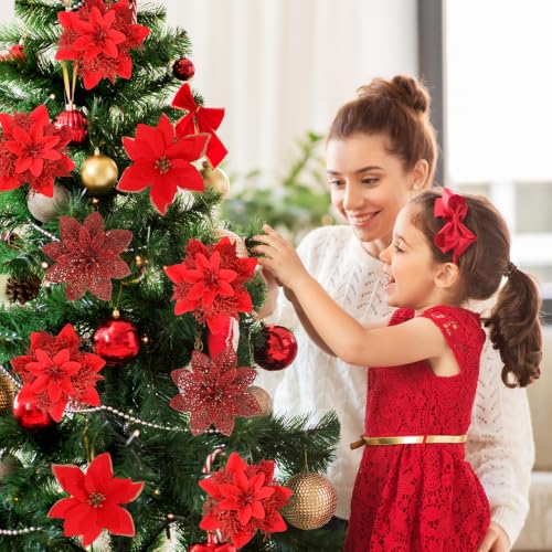 Artificial Christmas Poinsettia Flowers Set - 30 Pcs, Red, 3 Styles with Holly Berry Stems and Clips