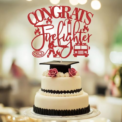 2026 Firefighter Graduation Cake Topper - Red Glitter Decor