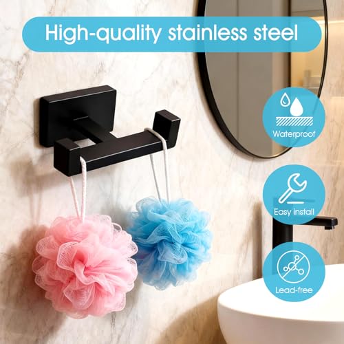 Double Towel Hook, Matte Black 304 Stainless Steel Wall Mount Robe Hook