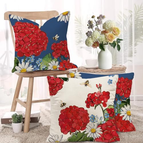 Spring Summer Red Geranium Throw Pillow Covers 18" x 18" (Set of 4)