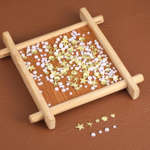 Macuezu 100 Pcs 3D Starfish & Seashell Nail Charms Flat Back Gold
