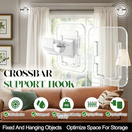 Detachable No Drill Curtain Rod Brackets - Adhesive 20LB Support, White (2 Pack)
