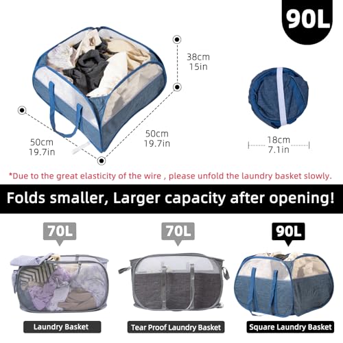 Hedonlee 90L Collapsible Laundry Basket, Square Tear-Proof Mesh Hamper - Blue