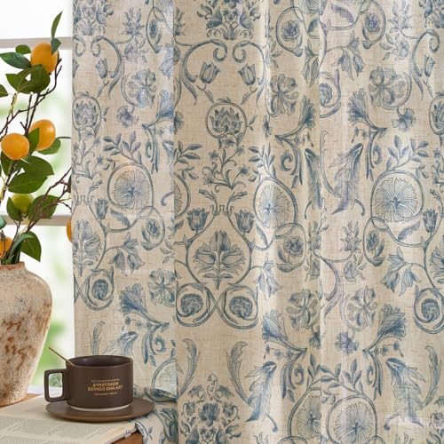 jinchan Linen Floral Kitchen Tier Curtains, 26"W x 24"L, 2 Panels - Blue on Beige