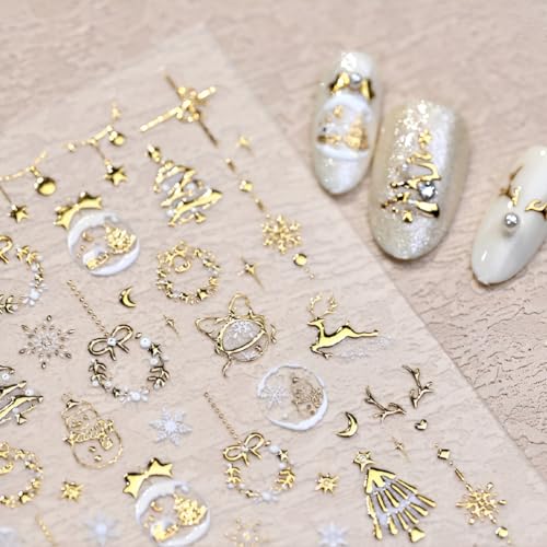 Namrec 5D Embossed Gold Christmas Nail Stickers Xmas Tree Snowflake Decals