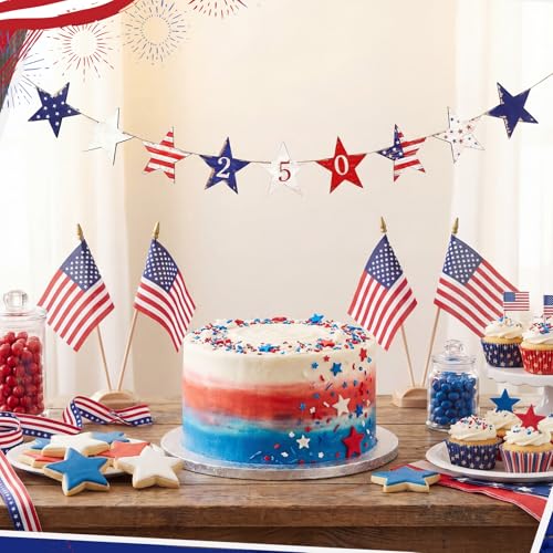 Chumia Patriotic Wooden Star Garland Red White and Blue Bunting for 4th of July