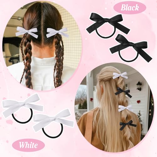 Auseibeely 12PCS Silk Satin Hair Bows Ponytail Holders Black White