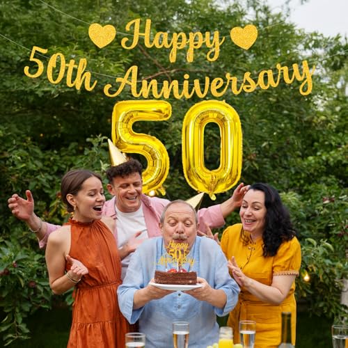 50th Wedding Anniversary Decoration Set - Gold Glitter Banner & Balloons