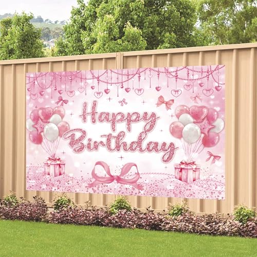Pink Heart Bow Happy Birthday Backdrop Banner 70.8 x 47.2 Inch
