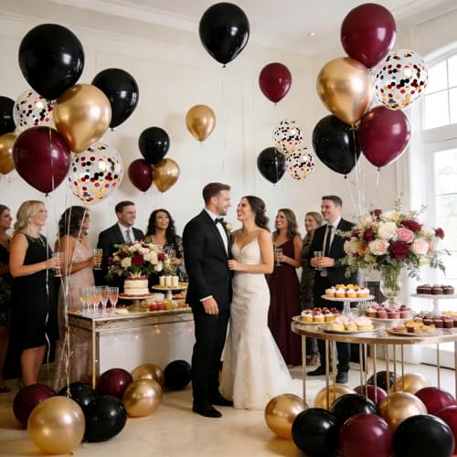 Black Burgundy and Gold Latex Balloons 60 Pack Party Decoration