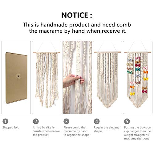 Mkono Macrame Hair Bow Holder - Ivory Wall Organizer for Clips & Headbands