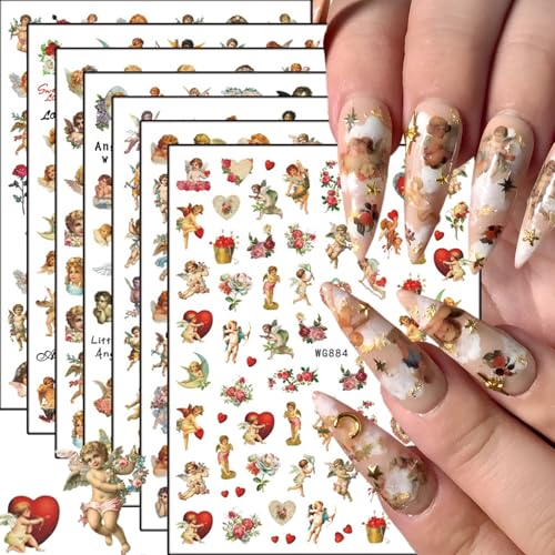 GUAACCB 8 Sheets 3D Angel Nail Stickers Cupid Wings & Rose Flower Decals