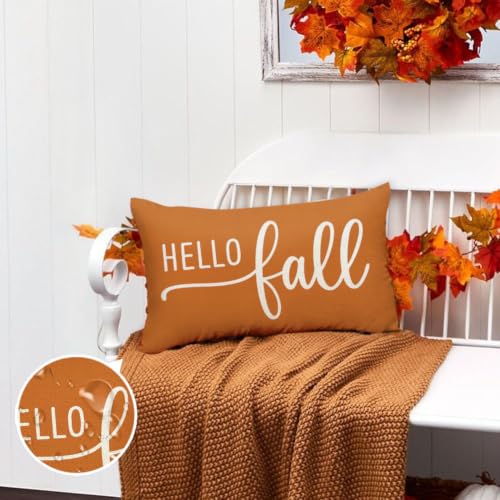 Hello Fall Rust Pillow Cover 12x20 - Waterproof Autumn Decor