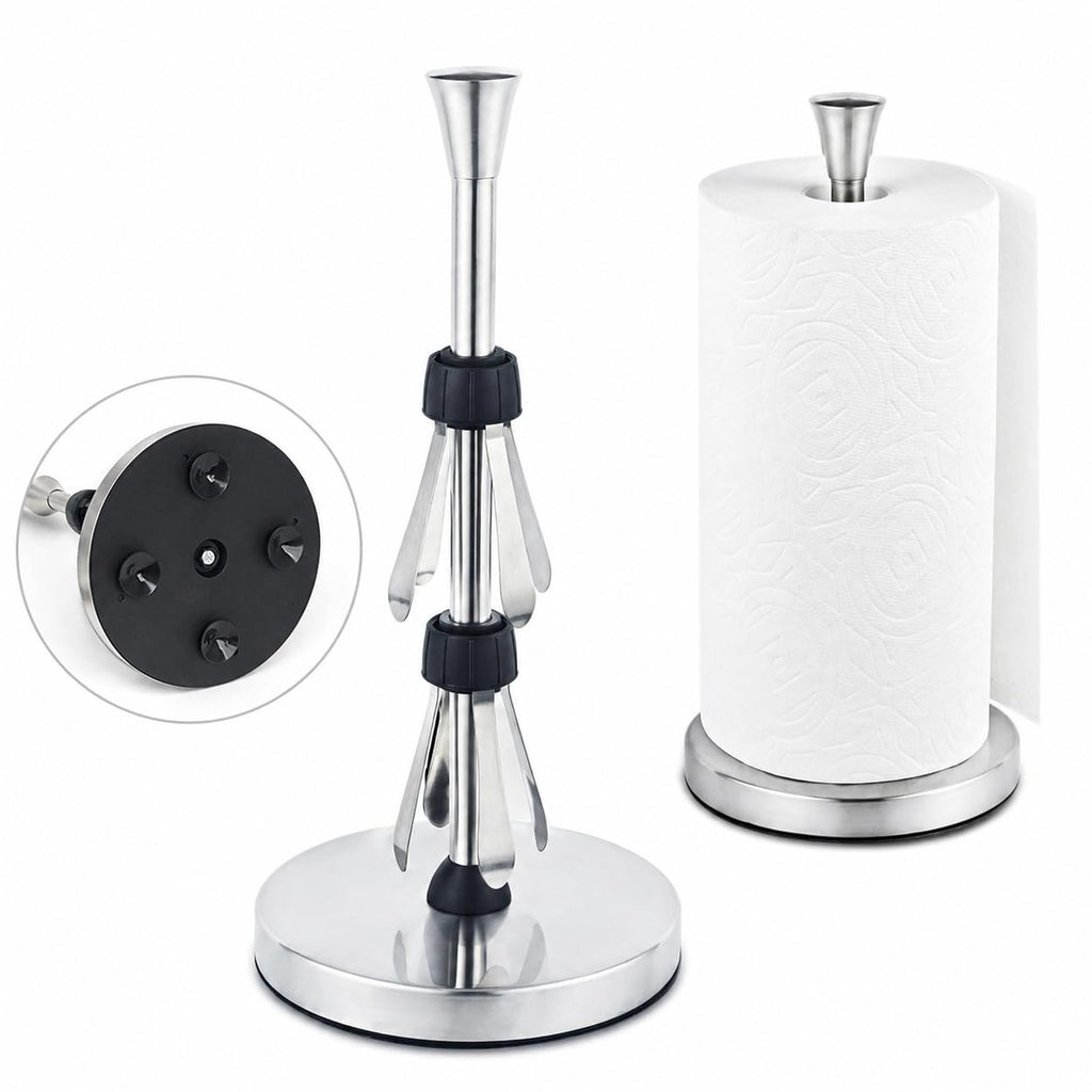 Paper Towel Holder Countertop with Suction Cups - Heavy Duty (2.9 lbs) Stainless Steel Paper Towel Dispenser, One-Hand Tear for Kitchen, Fits Standard & Mega Rolls