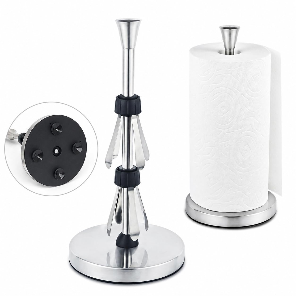 Paper Towel Holder Countertop with Suction Cups - Heavy Duty (2.9 lbs) Stainless Steel Paper Towel Dispenser, One-Hand Tear for Kitchen, Fits Standard & Mega Rolls