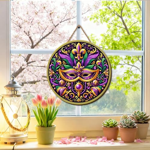 Mardi Gras Wooden Door Wreath 12x12 Inch Carnival Welcome Sign