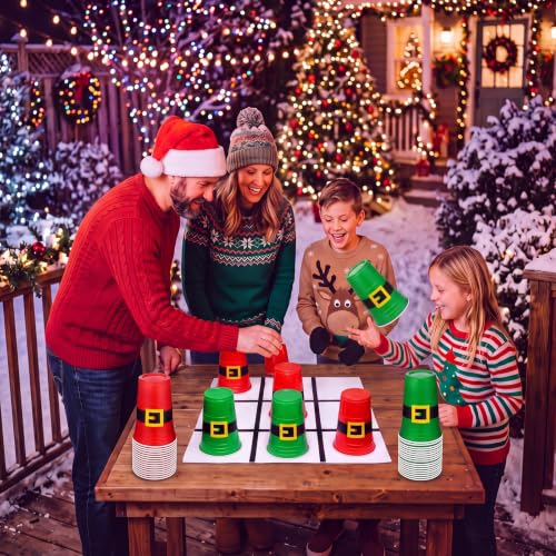 Christmas Cup Flip Tic Tac Toe Party Game Set with Santa Cups and Felt Mat