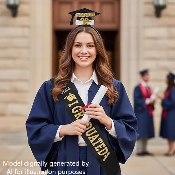 Embroidered Class of 2026 Graduation Stole and Golden Hairband Set