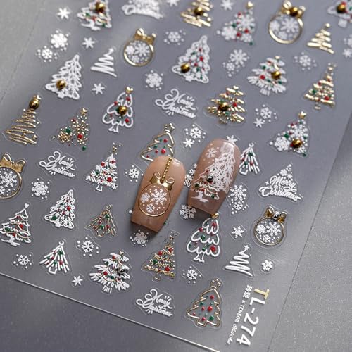 5D Embossed Christmas Nail Art Stickers White Gold Xmas Tree Decals