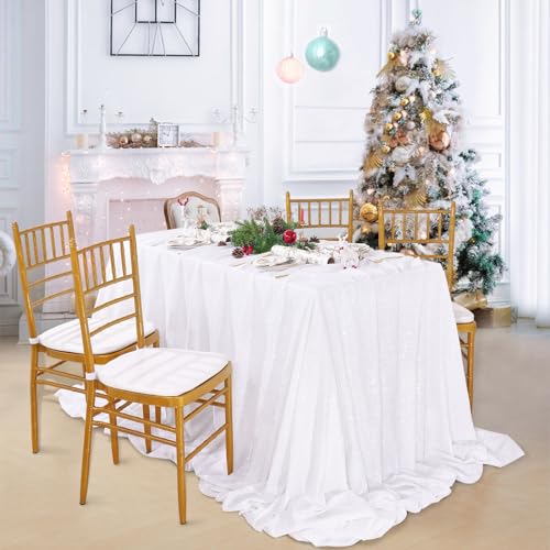 White Wedding Tablecloth 90x90 Inch Sequin Fabric Sparkle Party Decor - QueenDream