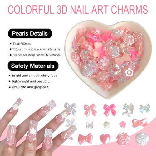 Euddty 3D Nail Art Charms and Rhinestones Set - 600 Pcs Flatback Resin Bowknots Flowers Butterflies Pearls for DIY Crafts