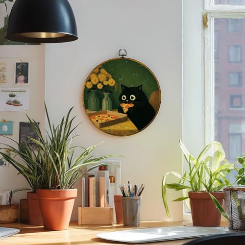 Pizza Cat Wall Art – Black Cat Canvas Print, 10x10 Framed Decor