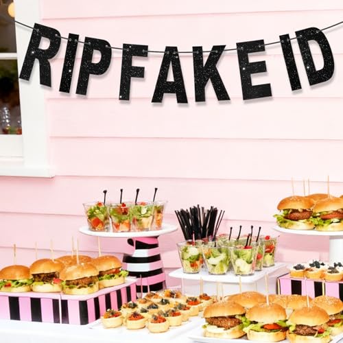 Black Glitter RIP Fake ID Banner for 21st Birthday Decorations