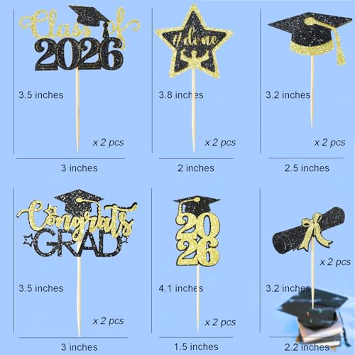 Class of 2026 Graduation Cupcake Toppers - 24PCS Black & Gold