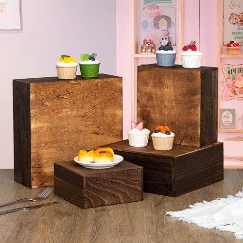 12-Inch Wooden Cake Stands Set - Antique Brown, 4 Pieces