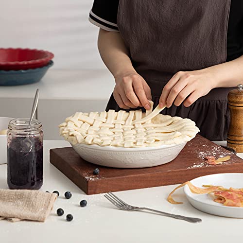 9 Inch Ceramic Pie Dish with Lace Emboss - Deep Ruffle Pie Pan for Baking, White