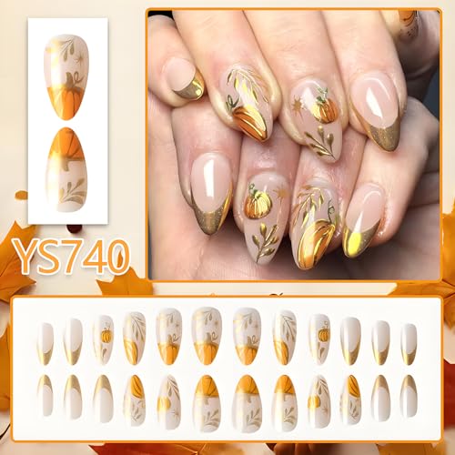 Halloween Press on Nails Medium Almond 3D Fake Nails Fall Acrylic Set