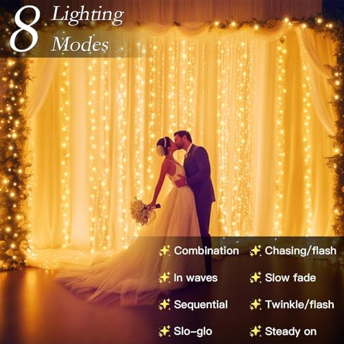 200 LED Warm White Curtain Fairy Lights 9.8x6.6FT with Remote & Hooks - Plug In