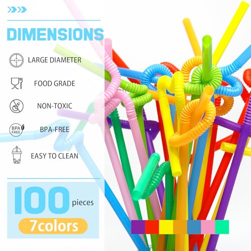 100 PCS Colorful Bendable Drinking Straws, 12.8-Inch Long Disposable Straws