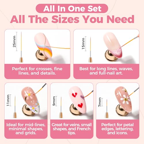UNA GELLA Metallic Nail Art Brushes - 5-Piece Fine Liner Pen Set for Gel Polish & Detailing