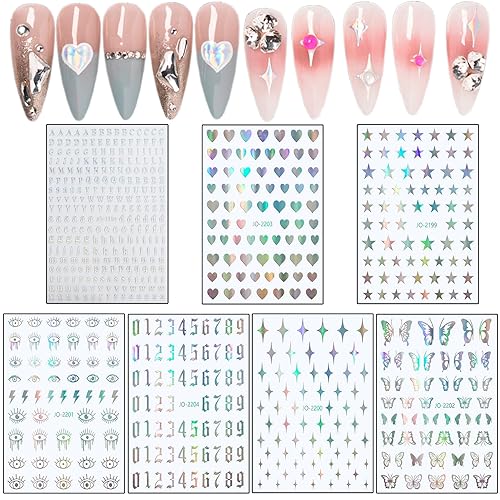 Vezocim 7 Sheets Silver Nail Art Stickers 3D Butterfly Heart Decals