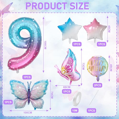 Zlongron Butterfly Balloon Set for 9th Birthday Party - 40 Inch