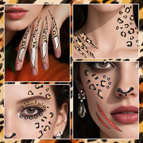 Cerlaza Halloween Leopard Face Paint Temporary Tattoos and Black Gems Kit